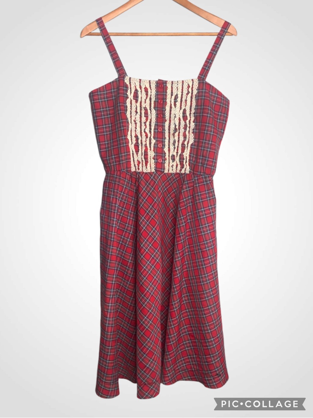 Mindy Malone Vintage Red Plaid Sleeveless Dress with Lace-Front Panel